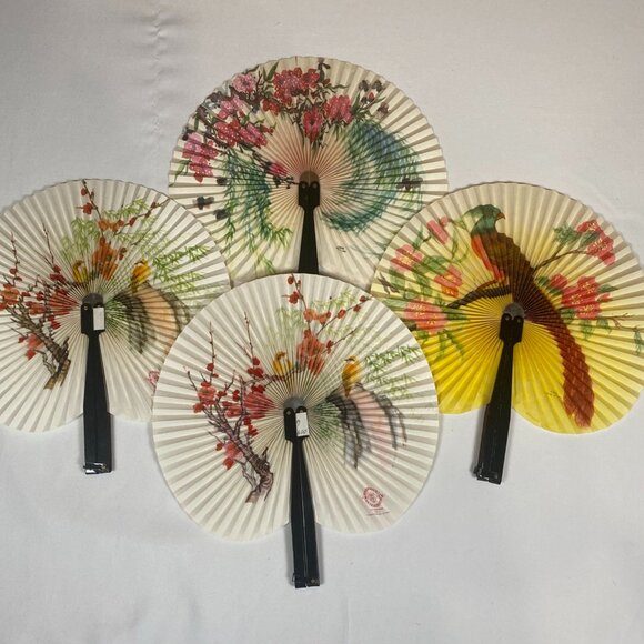 4 Tree and Bird Motif 9" to 10" Hand Fans - Picture 1 of 11